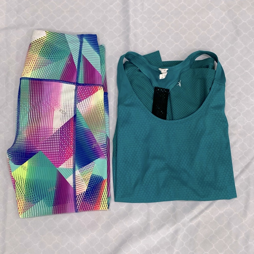 Colorful Victoria’s Secret VSX Geometric Leggings and Danskin Now Teal Tank Top